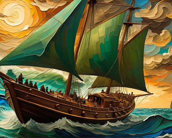 Vibrant Sailing Ship with Green Sails in Turbulent Sea
