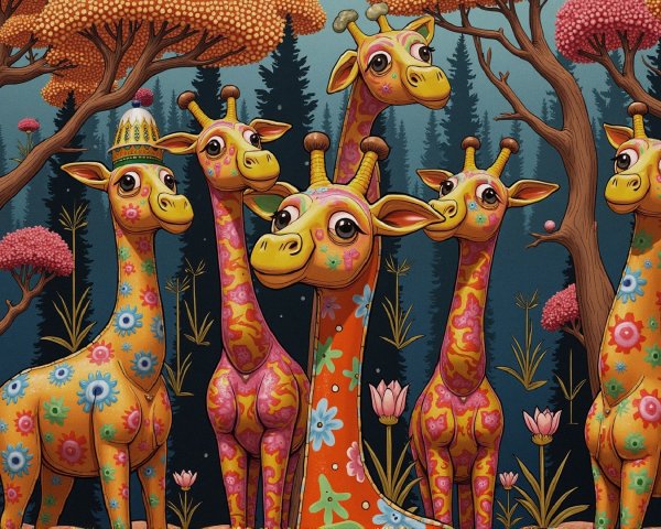 Colorful Giraffes in a Whimsical Twilight Scene