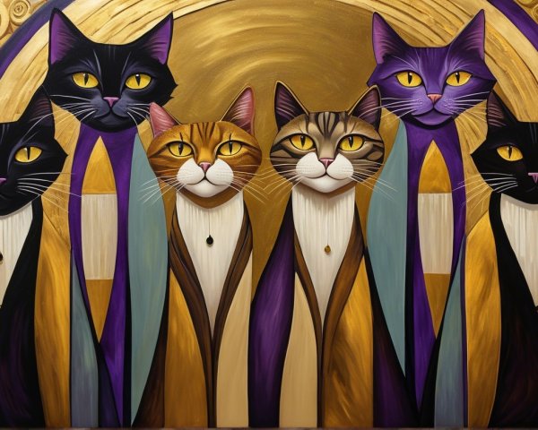 Colorful Artwork of Six Stylized Cats in Robes