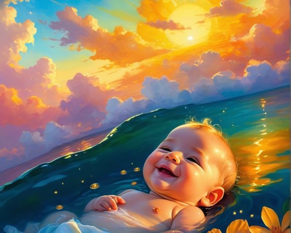 Joyful Baby Floating on Sunset Waves with Petals