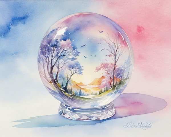 Watercolor Painting of a Fantasy Landscape in a Crystal Ball