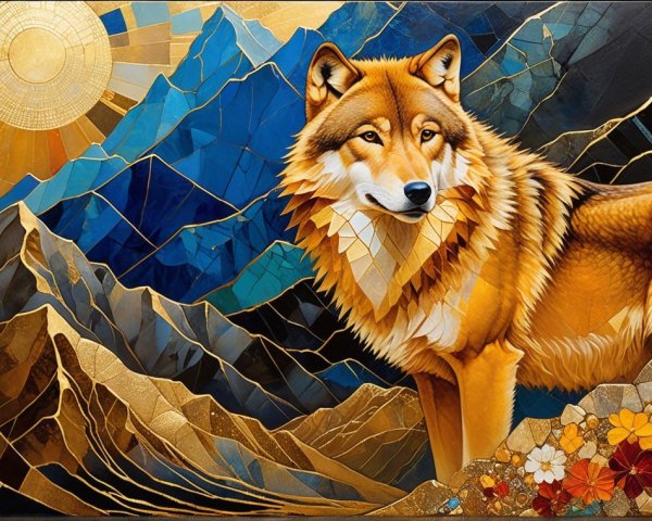 Majestic Wolf Illustration with Colorful Mountain Scene