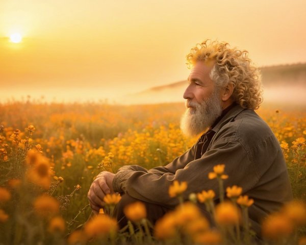 Older Man in Vibrant Field of Yellow Flowers at Sunrise