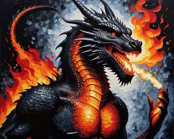 Fierce dragon with black scales and fiery backdrop