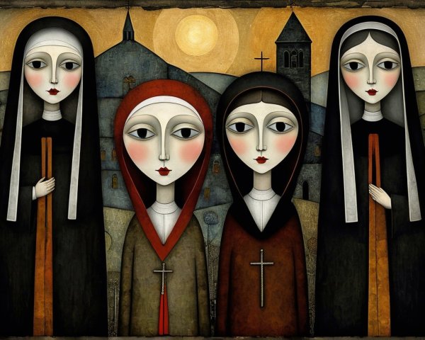 Four Stylized Women in Colorful Habits in Landscape