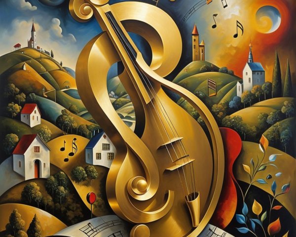 Vibrant Abstract Landscape with Golden Violin Focus
