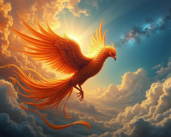 Majestic phoenix soaring in a vibrant sky scene