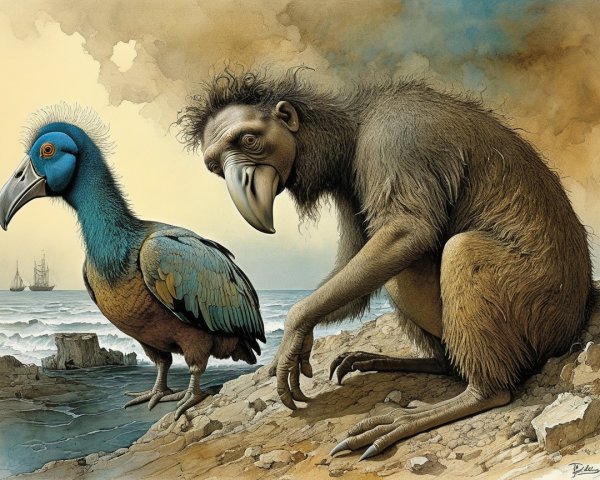 Whimsical Coastal Scene with Colorful Bird and Creature