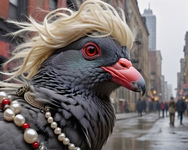 Pigeon with Blonde Wig and Necklace in City Scene