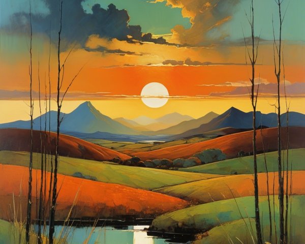 Vibrant Sunset Landscape with Green Hills and Pond