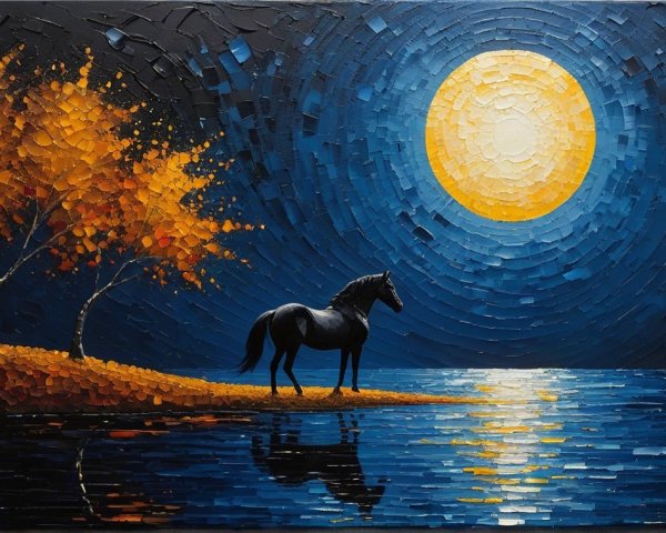 Black Horse by Serene Lake Under Full Moon