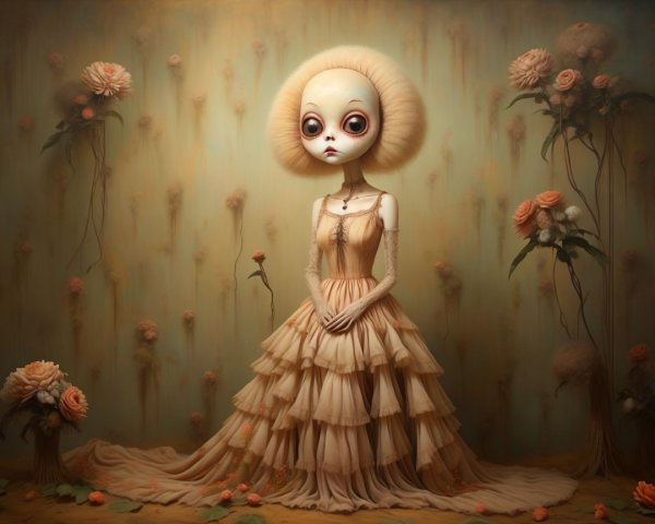 Whimsical Doll Character in Elegant Beige Gown