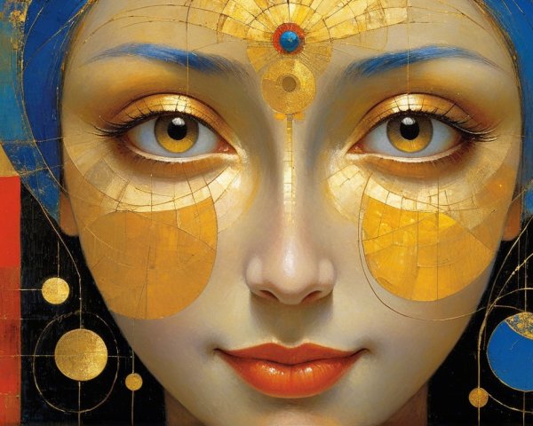 Portrait of a woman with expressive eyes and golden accents