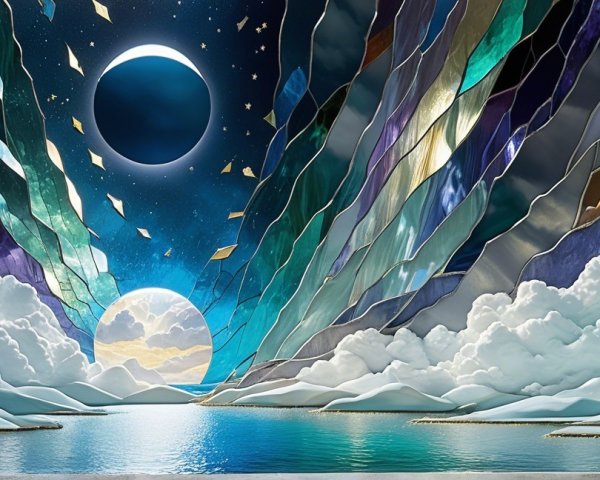 Surreal Landscape with Tranquil Lake and Cosmic Sky