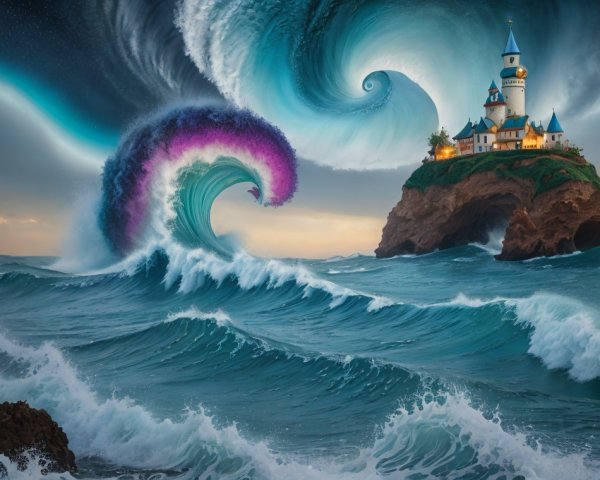 Surreal Seascape with Towering Wave and Lighthouse