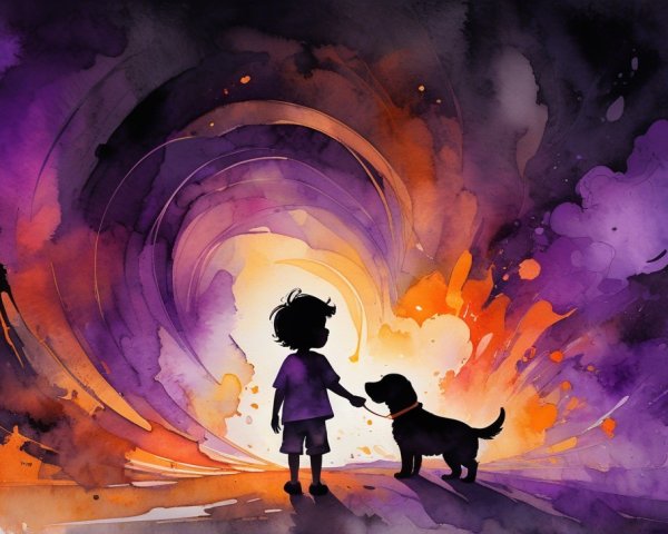 Child and dog silhouette in vibrant cosmic landscape