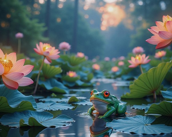 Serene Pond with Pink Lotus Flowers and Frog