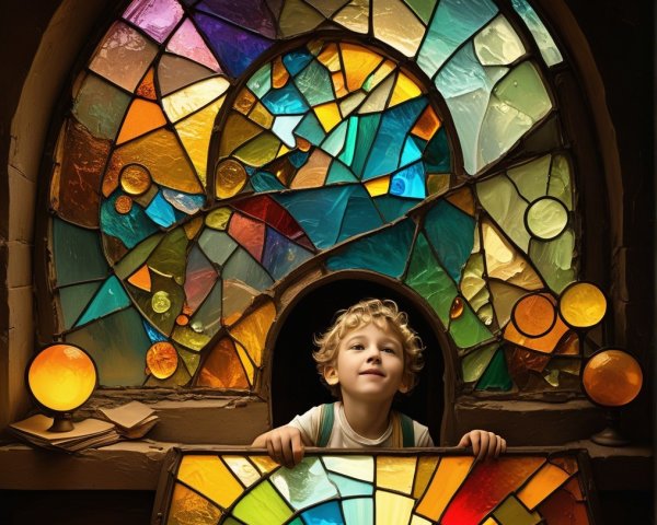 Child gazing through vibrant stained glass window
