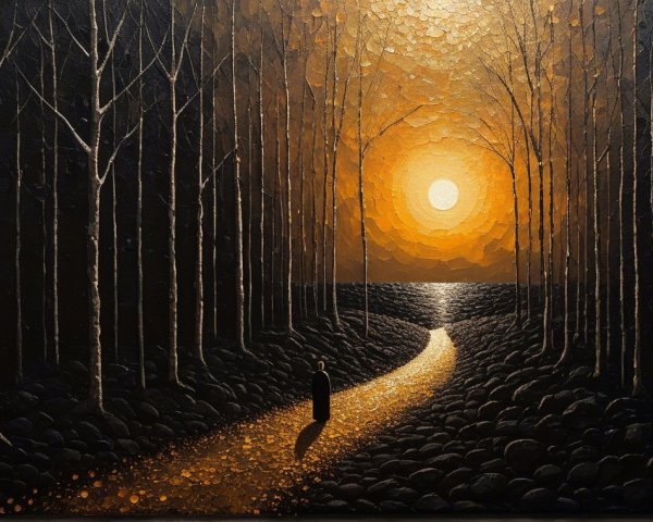 Winding Path Through a Serene Sunset Forest Scene