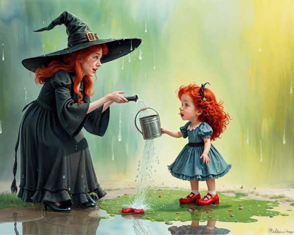Witch in Black Hat Waters Puddle in Enchanted Forest