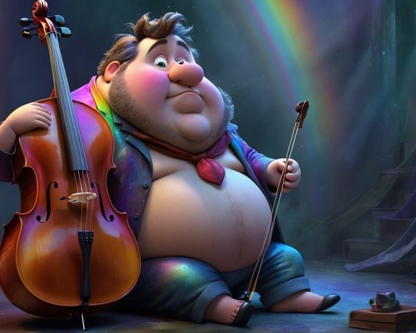 Cartoon Character Playing Cello in Colorful Setting