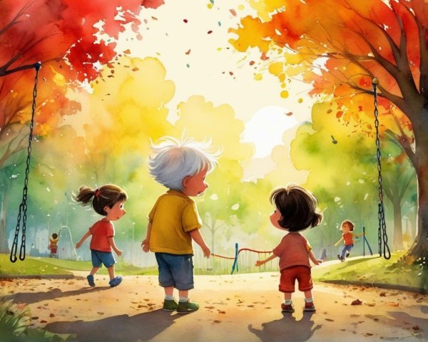 Children Walking in Autumn Park at Sunset