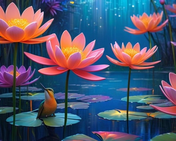 Vibrant Lotus Flowers in a Serene Water Garden
