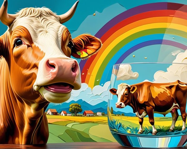 Close-Up Illustration of a Cow in a Scenic Landscape