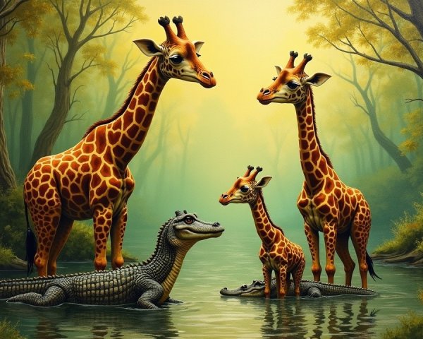 Giraffes by a Riverbank in a Lush Forest Setting