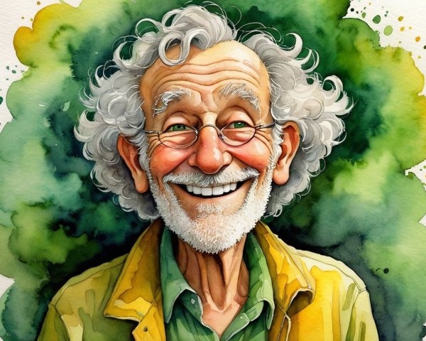 Cheerful elderly man in colorful attire against green背景
