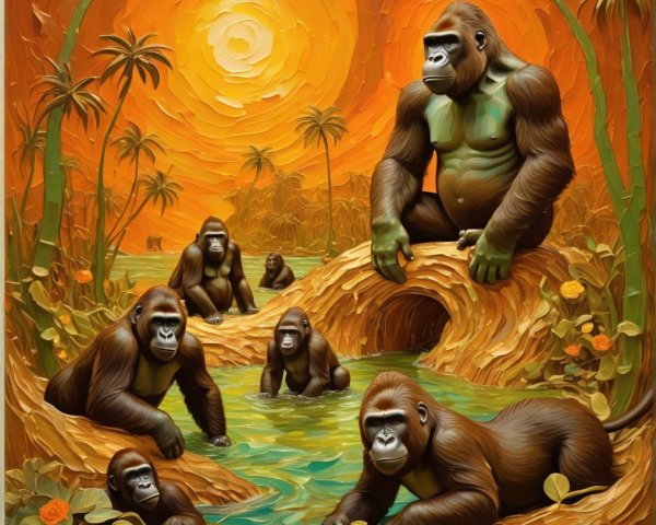 Serene Jungle Scene with Gorillas by a Stream