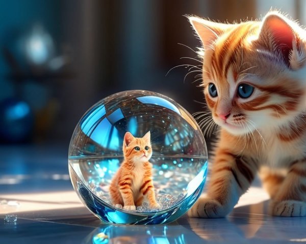 Orange Tabby Kitten and Crystal Ball Reflection