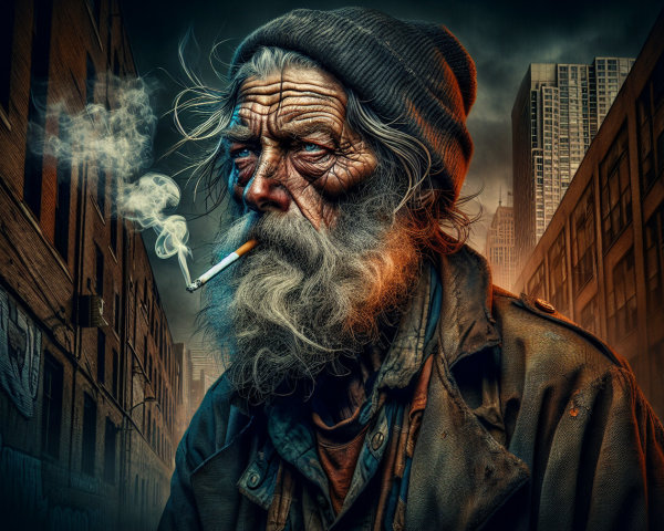 Weathered Man in Gritty Urban Setting with Cigarette
