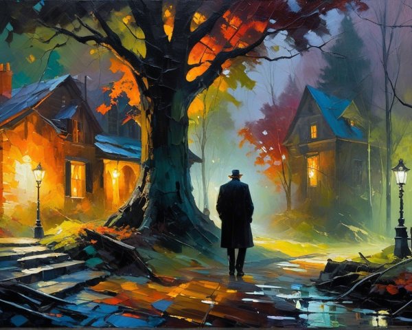 Autumn Scene with Figure on Winding Path and Trees