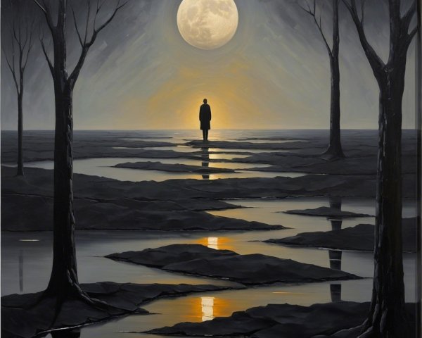 Solitary Figure in Serene Landscape with Moonlight