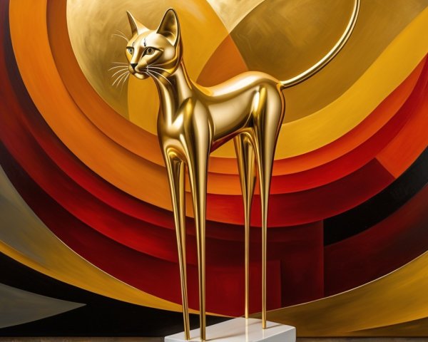 Golden Cat Sculpture on White Pedestal with Geometric Background
