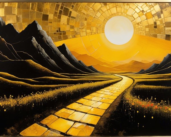 Landscape Painting with Golden Pathway and Sun