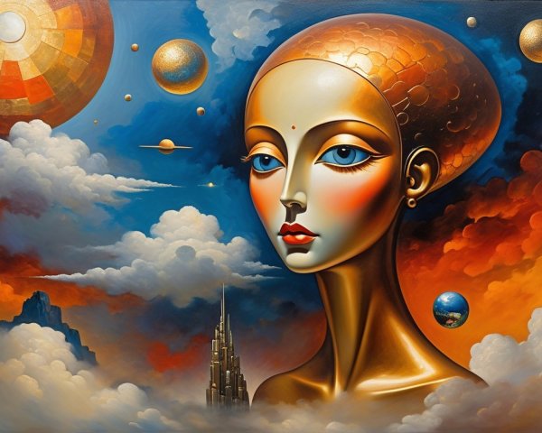 Surreal Painting of Female Figure in Cosmic Setting