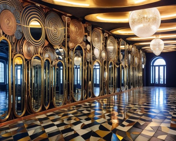 Elegant interior with gold accents and ornate chandeliers