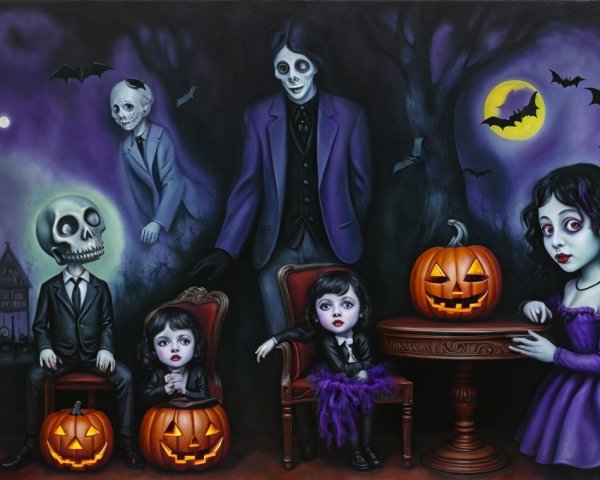 Halloween Scene with Skeletal Figures and Pumpkins
