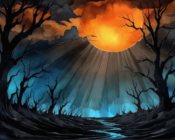 Surreal Landscape with Sunset Over Shadowy Forest