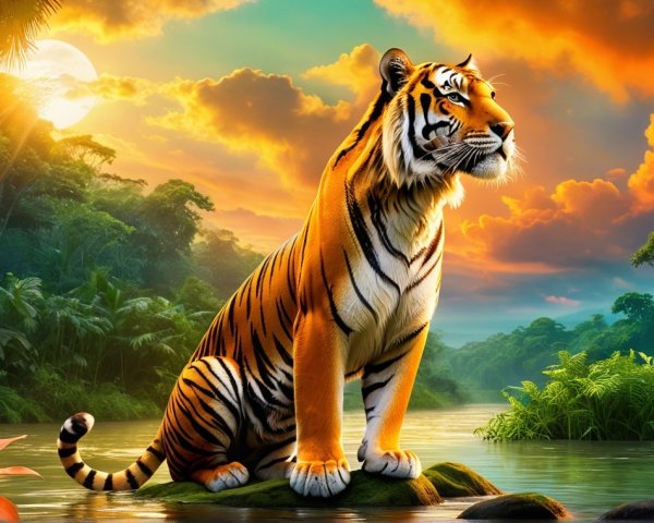 Tiger on Rock by Serene River at Sunset