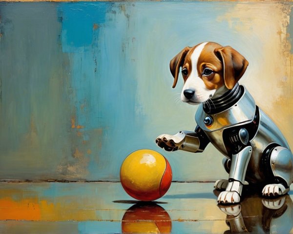 Robotic puppy reaching for a yellow ball on reflective surface
