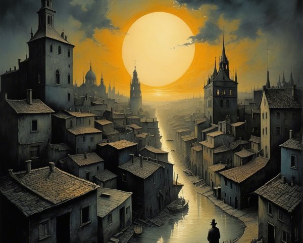 Surreal Landscape with Golden Sun and Quaint Town