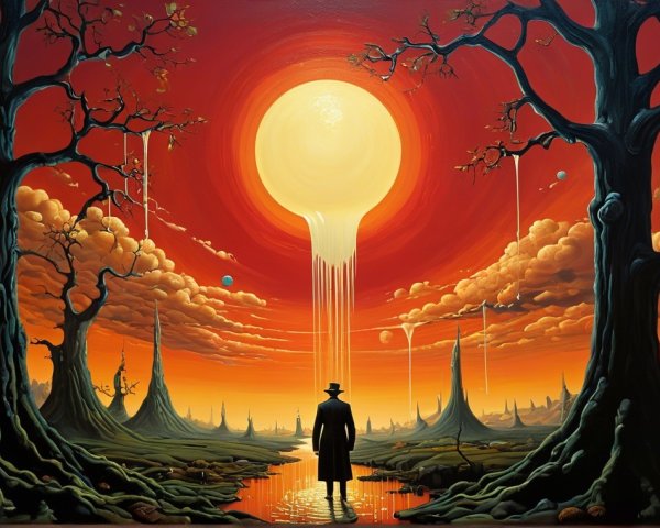Surreal Landscape with Melting Sun and Lone Figure