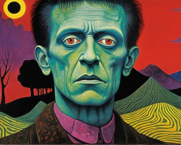 Surreal Portrait of Green-Skinned Figure in Landscape