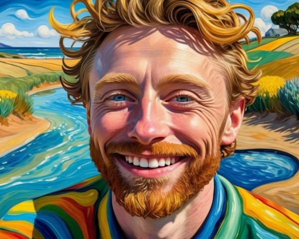 Cheerful Young Man in Colorful Shirt Against Nature