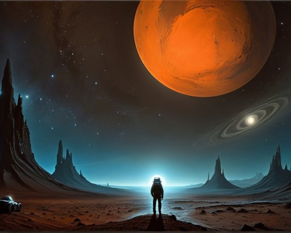 Astronaut in Surreal Alien Landscape with Mars and Stars
