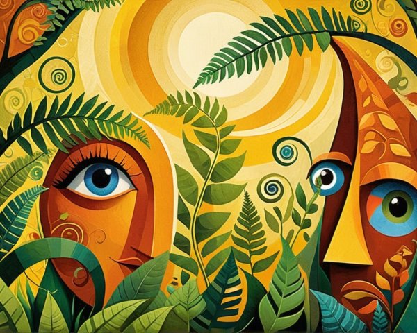 Abstract Faces in Lush Greenery Illustration