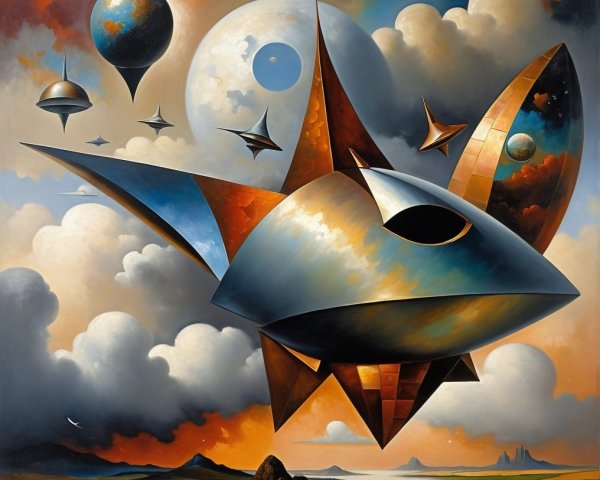 Surreal Landscape with Futuristic Spacecraft and Waterway